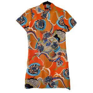 VTG 60s MOD Psychedelic Print Mandarin Collar Skimmer A-line Micro Mini Dress/ S